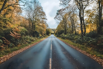 Fototapeta premium A serene, tree-lined road stretches into the distance, showcasing autumn foliage.