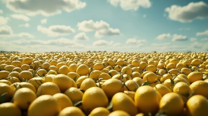Fototapeta premium Vast Lemon Field Under Bright Sky - A Landscape of Freshly Harvested Citrus Fruits