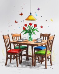 wooden dining table child like drawing on a white background crayon art whimsical youthful hand drawn cartoon
