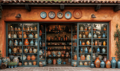 Colorful pottery store front design enriched with terracotta accents, evoking artisanal charm and creative vibrancy
