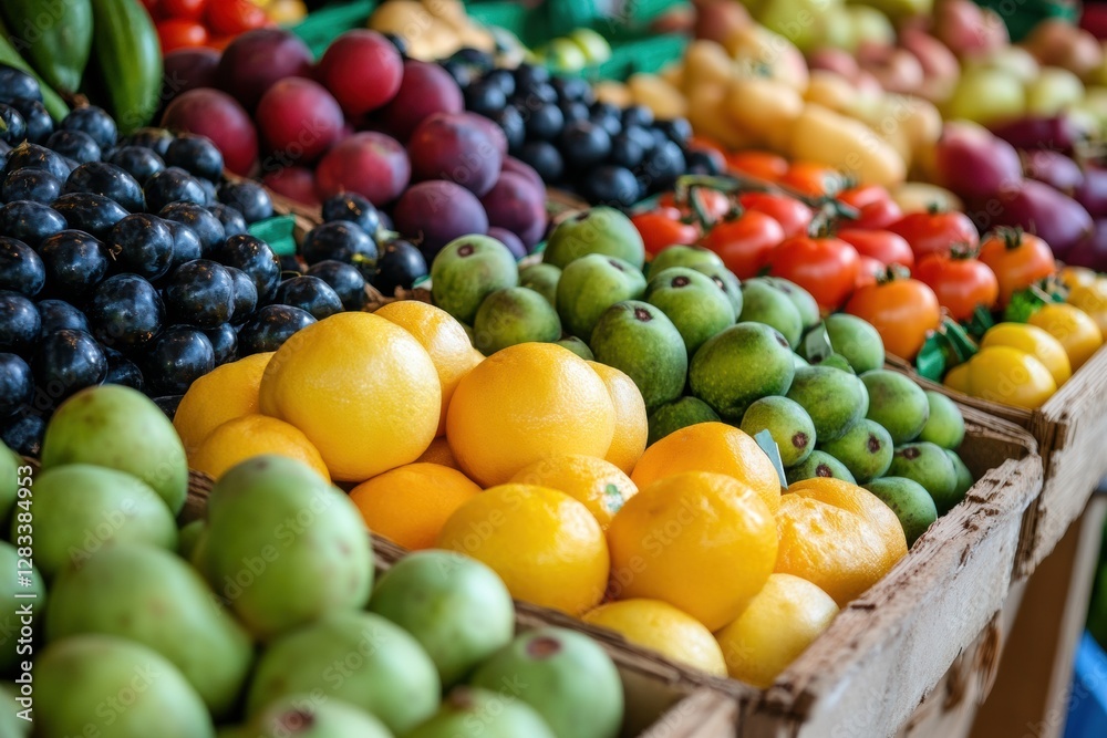 Poster vibrant display of assorted fruits at a local market during midday, showcasing a colorful variety of