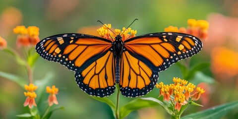 Fototapeta premium Monarch butterfly opening wings on blooming flower in summer garden