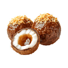 Caramelized Coconut Bonbons in Coconut Shell Isolated on Transparent Background