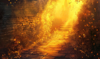 Glowing golden brick wall illuminated by sun-kissed accents exuding warmth and sophisticated timeless urban allure