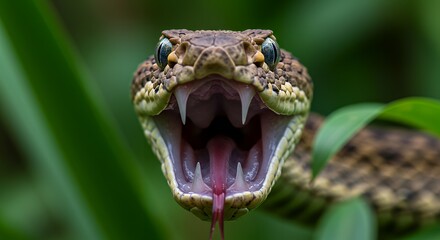 Open Mouthed Snake Ready to Strike with Visible Fangs and Tongue