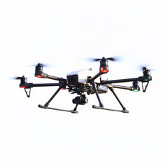 Flying drone captured in mid-air with a clear sky backdrop, high-tech precision engineering, isolated white background, cinematic 10K hyper-realism, copy space 