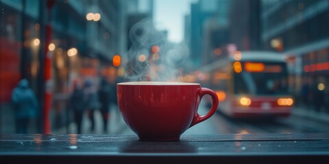 Steaming red coffee cup warming up cold city street