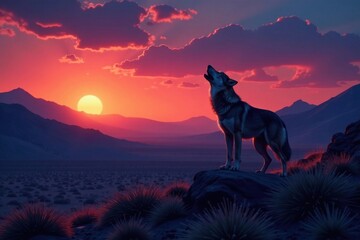 Desert landscape at dusk with a lone howling wolf , nature, howling wolf, outdoors