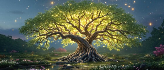 A mystical tree of life enveloped in a soft glow, symbolizing ancient wisdom and connection to the universe, ancient, universe, mystic, life