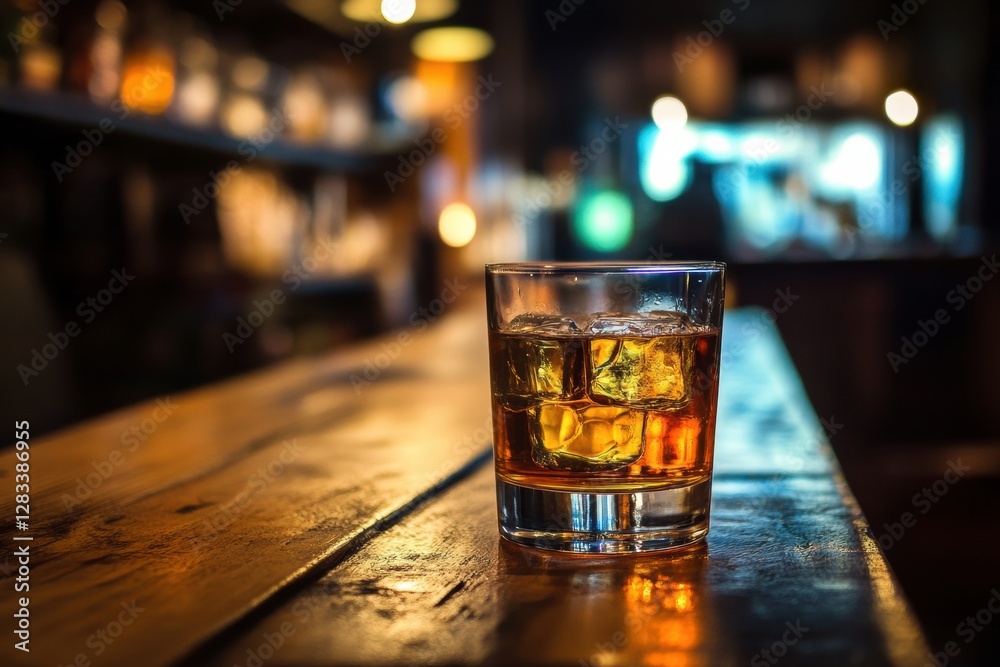 Aufkleber whiskey glass resting on a wooden bar countertop with blurred background of a cozy pub at night. gen