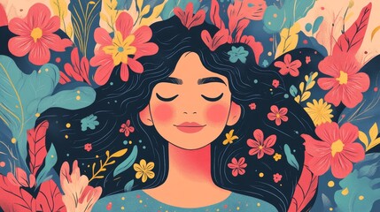 Serene Woman Surrounded by Vibrant Flowers and Lush Greenery in Colorful Floral Design