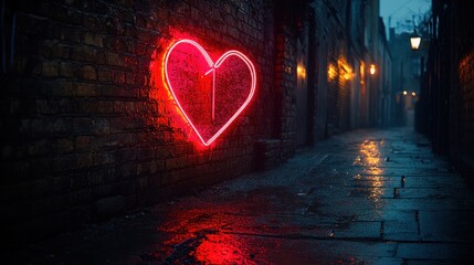 Neon heart alleyway at night