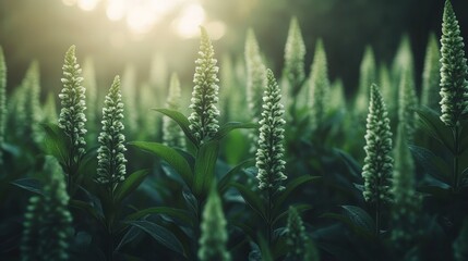 A close-up of lush green plants with tall, spiky flower buds basking in soft golden light, ideal for nature-themed projects, gardening articles, or wellness content