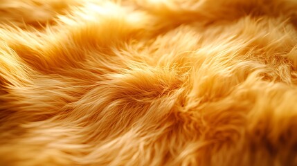 A macro shot of luxurious fur transitioning from sunset orange to buttery yellow, arranged in flowing organic shapes, visible fibers shimmering in soft light,