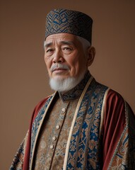 Obraz premium Bruneian male elderly in national formal attire on close up portrait plain sandy brown background
