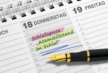 Terminnotiz, Schlafapnoe, Schlafst&ouml;rung,  &bdquo;Atemstillstand im Schlaf&ldquo;!