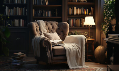 Fototapeta premium A cozy reading nook featuring a plush armchair and soft textiles invites relaxation and intellectual escape in an intimate setting.