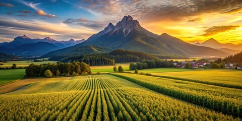 Fototapeta premium Sweeping aerial shot: Dobratsch Mountain's majesty unfolds over golden cornfields near Neuegg, Austria's Faaker See.