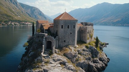 Island fortress, stone architecture, medieval castle, coastal scenery.