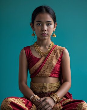 Cambodian female teen in a sampot on close up portrait plain turquoise background