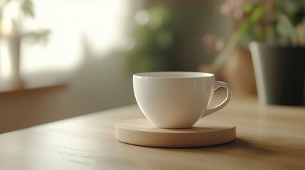 Fototapeta premium A white cup placed on a coaster on a table, creating a minimalist and elegant scene.