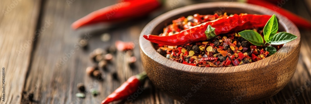 Aufkleber vibrant display of spices in a wooden bowl with fresh herbs on a rustic table. generative ai