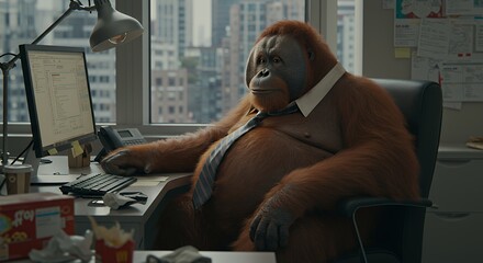 Orangutan Working at Office Desk with Computer and City View