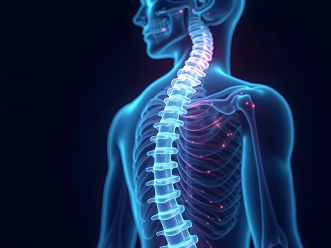 Futuristic 3D medical illustration of a human skeletal system with a glowing spine, highlighting spinal health, Perfect for healthcare, technology, medical and anatomy-related concepts