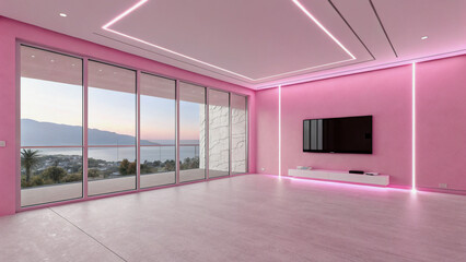 Modern Pink Living Room with Large Windows and Pink Accents