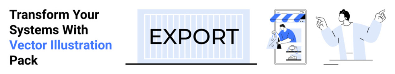 Shipping container labeled Export, online store interface with shopping bag, and person communicating. Ideal for trade, logistics, marketing, e-commerce, global business, strategy flat landing page