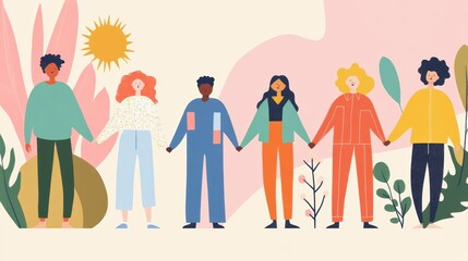 Diverse group of people holding hands in solidarity outdoors with plants and sun, showcasing unity, friendship, and community in a colorful illustration.