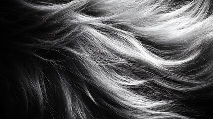 Naklejka premium A macro view of soft fur transitioning from charcoal black to light gray, intricate hair strands in high detail, organic patterns arranged naturally, illuminated by soft ambient light,