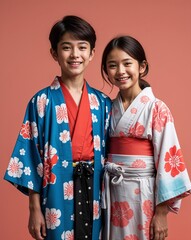 Japanese siblings teen boy and young girl in yukata smiling together on a plain light coral background