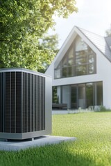 Air conditioning unit outside modern house with green lawn, residential cooling system installation, energy efficiency, home comfort, HVAC technology.