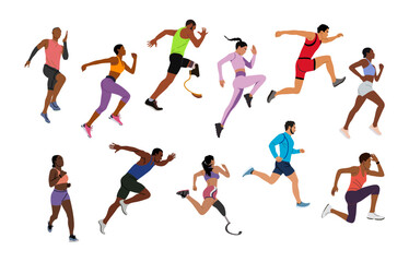 Runners set. Male and female athletes running. Healthy active lifestyle. Maraphon, Sprint, jogging, warming up. Sport, fitness design, flat style vector illustrations isolated