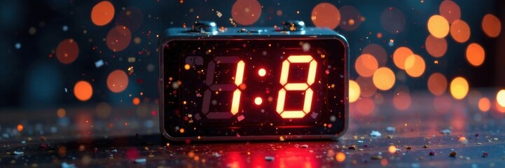 Digital clock with QR code and confetti for New Year's celebrations, Confetti, Party, Clocks