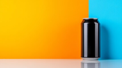 Black Can on Table with Bright Orange and Blue Background Colors