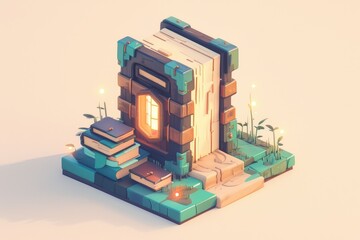 A small stylized open book is glowing with an illuminated door