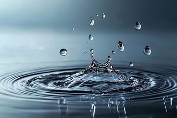 Photorealistic side view of raindrops falling on water, creating ripples and splashes. Detailed lighting and textures.