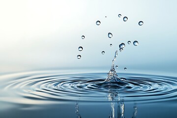Photorealistic side view of raindrops falling on water, creating ripples and splashes. Detailed lighting and textures.