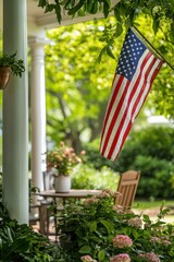 American flag hanging on porch surrounded by greenery and flowers, summer outdoor decor, peaceful garden setting, home and patriotism concept.
