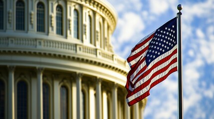 Fototapeta premium American flag waving in front of Capitol building with clear blue sky, symbolizing democracy, government, patriotism, and national pride in the United States.