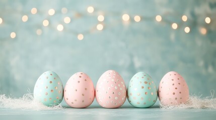 A serene arrangement of pastel-colored Easter eggs adorned with gold accents set against a soft blue backdrop, perfect for spring celebrations, holiday promotions, or decorative projects,