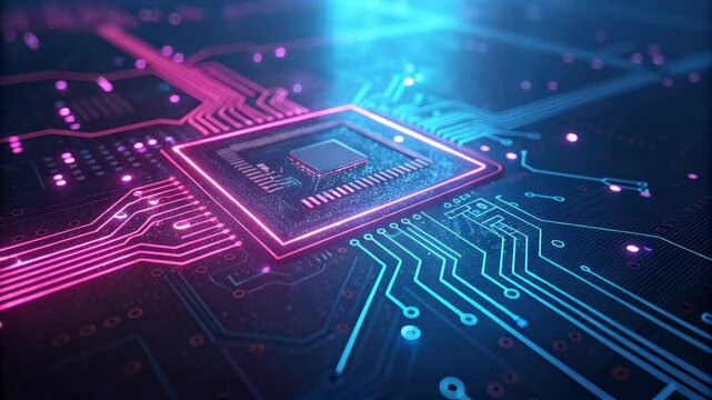 Collection of Footage "Intricate digital circuit board with neon pink and blue glowing lines, futuristic high-tech background, soft-focus bokeh lights, and cyber-inspired data transfer concept"