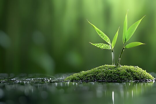 Fresh green bamboo and leaves on moss by a waterhole, with a blurred green background.