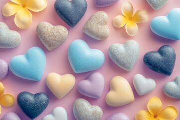 Fototapeta premium Colorful heart-shaped pebbles arranged on a pastel backdrop in a creative display