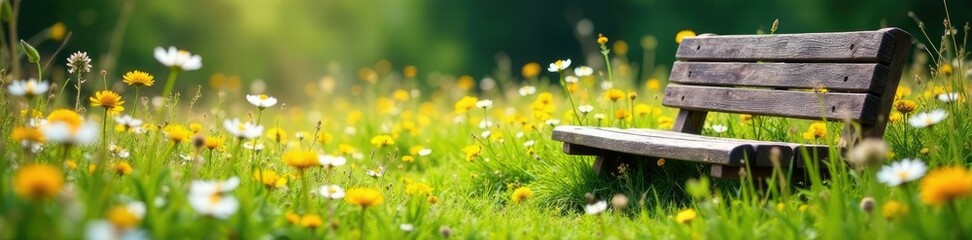 Fototapeta premium A wooden bench in the midst of wildflowers and tall grass, grass, daisies