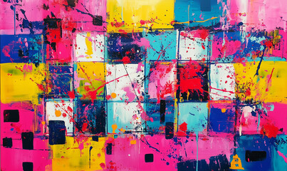 Fototapeta premium Modern Abstract Square Pattern Featuring Dynamic Splashes Of Bright Color Creating Energetic Geometric Visual Impact