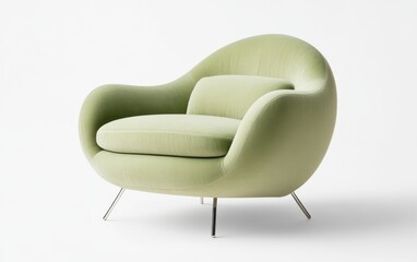 Naklejka premium Contemporary lounge chair with a sculptural curved silhouette, pale sage velvet upholstery, a floating metal base, and ergonomic cushioning