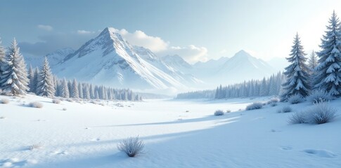 Obraz premium The landscape is painted in shades of white and gray with a hint of blue, landscape, frosty, winter